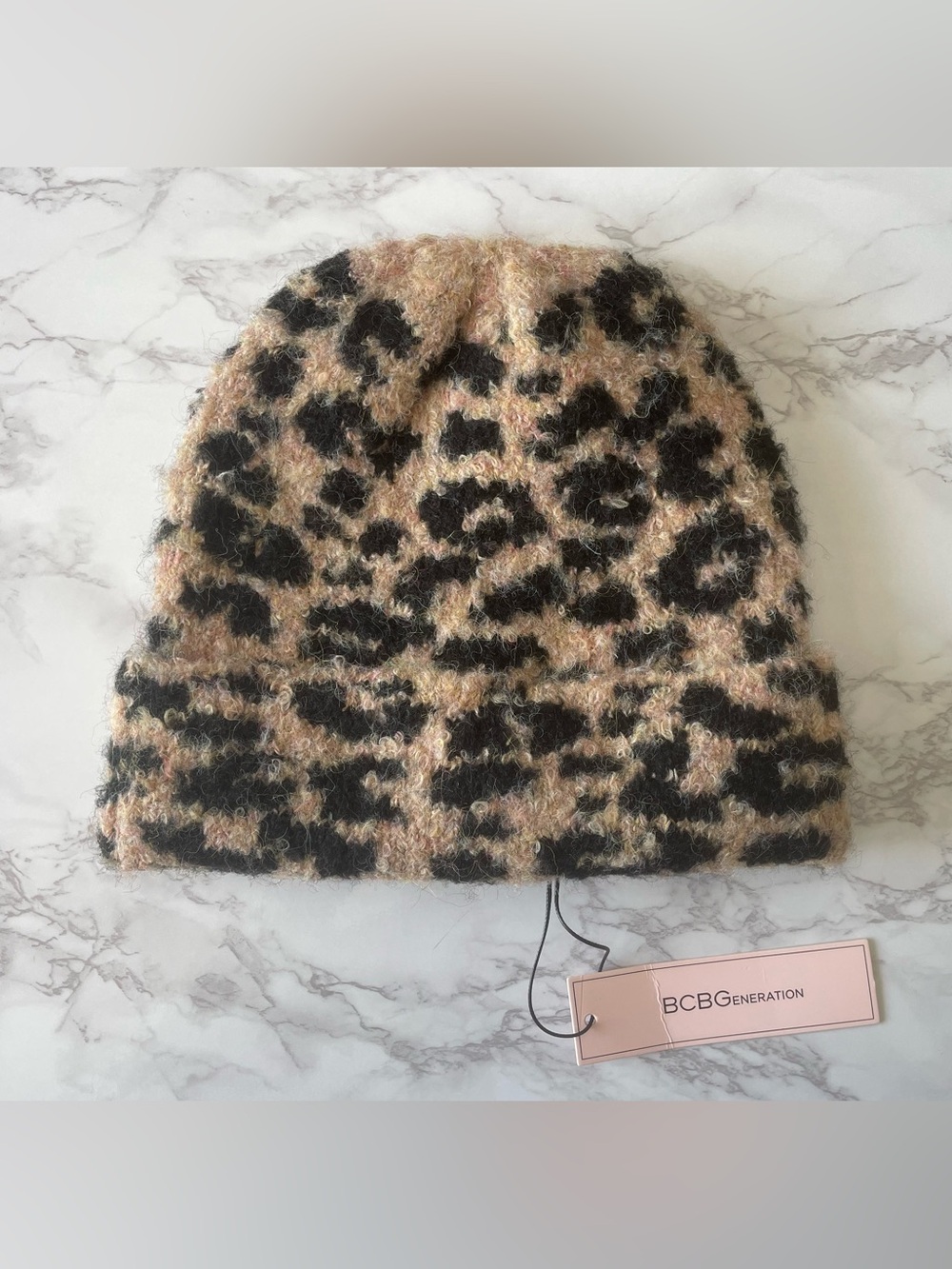 BCBGeneration Leopard Print Fuzzy Beanie Knit Winter Hat Cozy Pink Tan